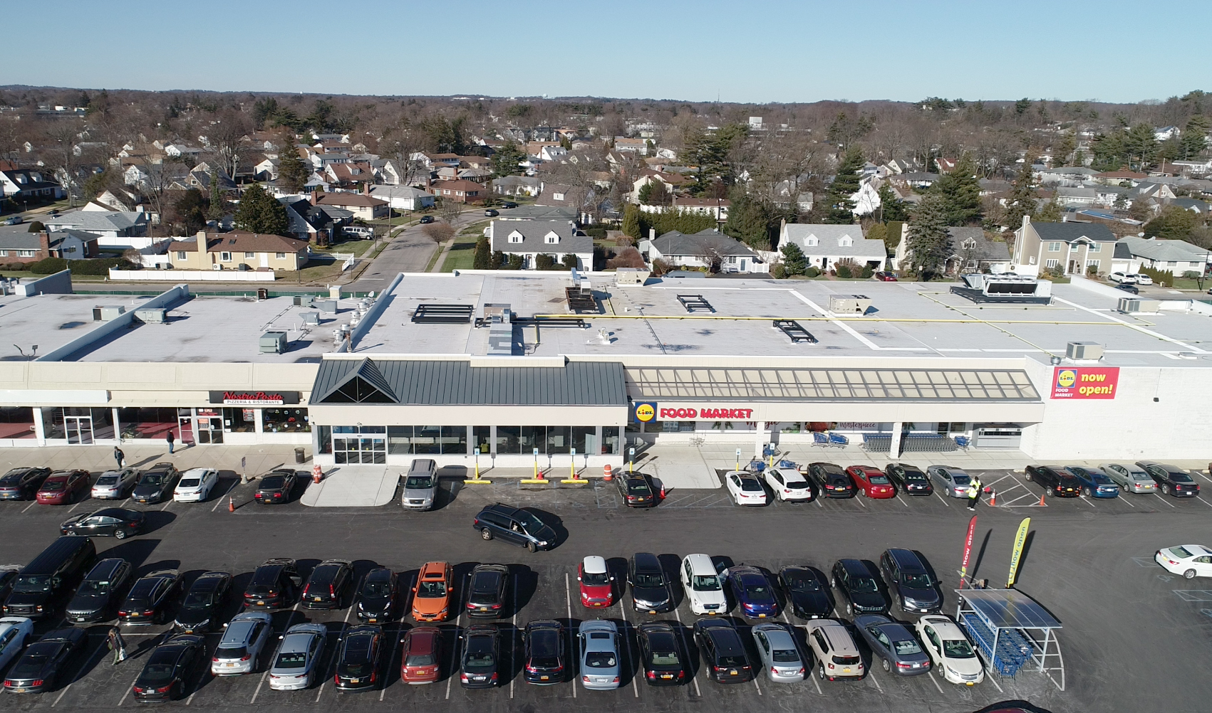 Aerial view of the Morton Village Shopping Center, Plainview, NY 2020