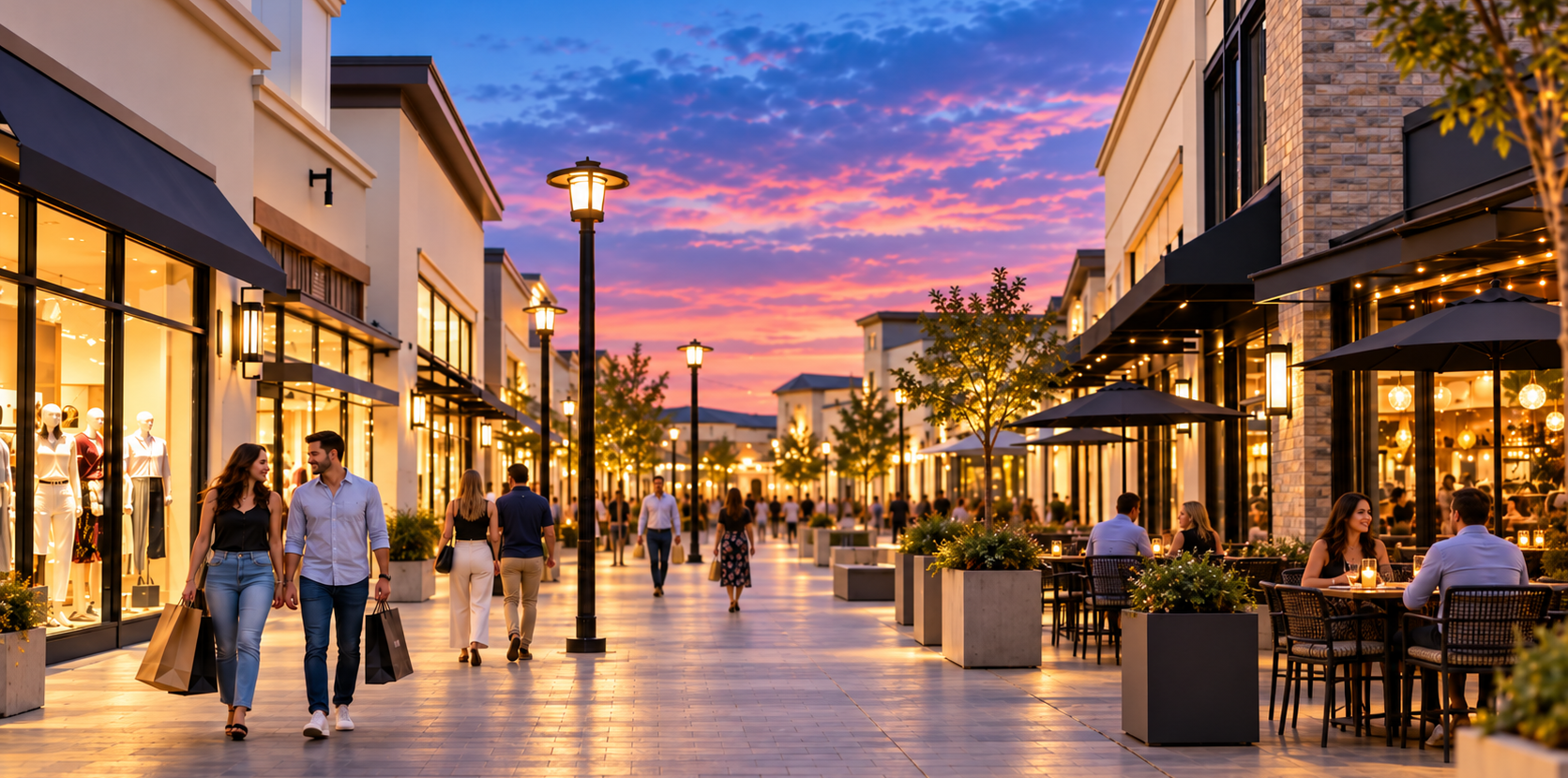 Shoppers and diners at a lively open-air, grocery-anchored shopping center at dusk